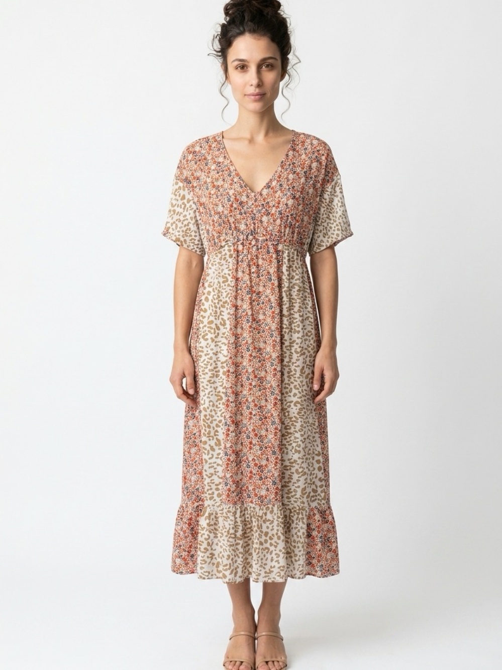 Gigio USA Women M Floral Leopard Print V-Neck Midi Boho Prairie Pullover Dress